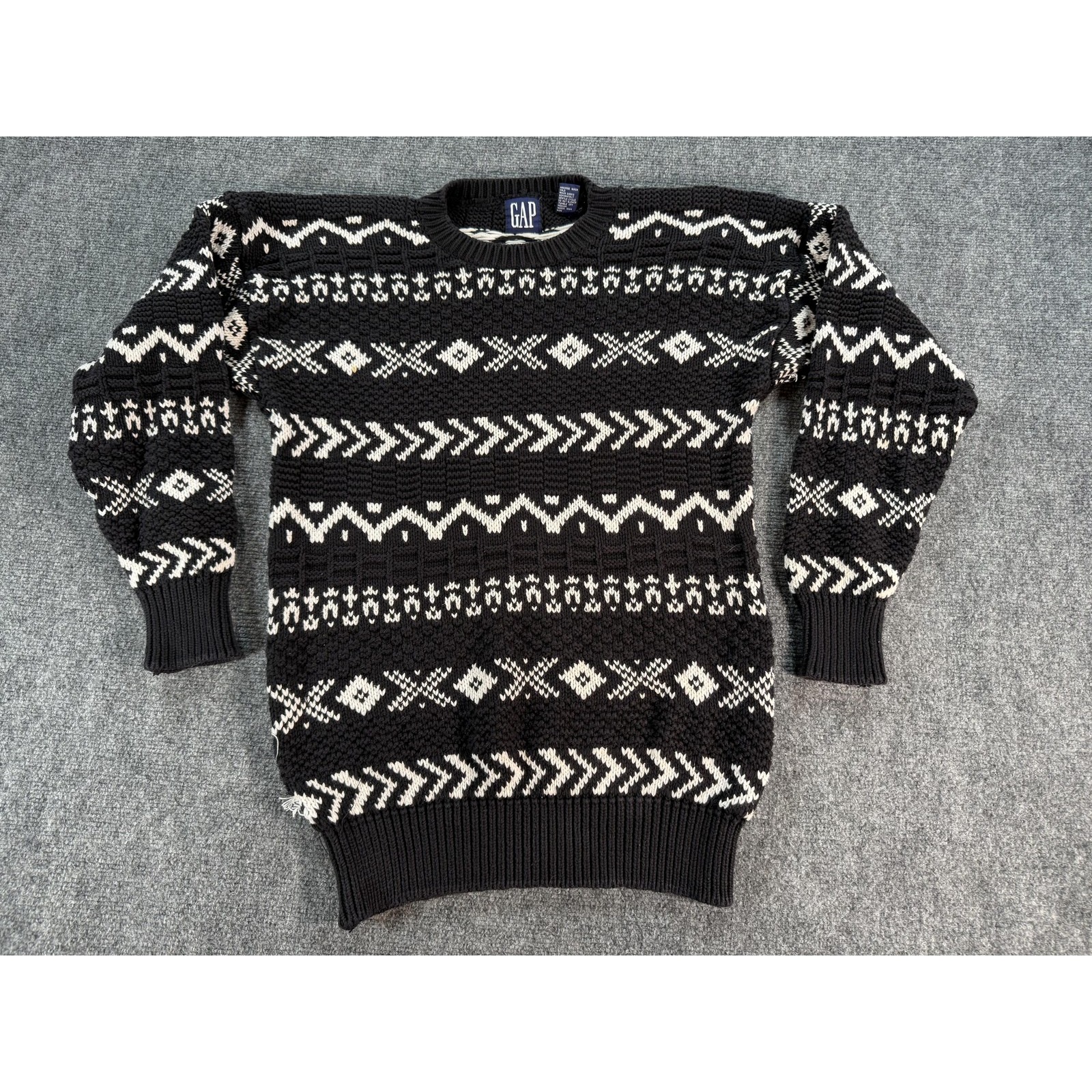 Vintage Gap Sweater Mens Medium Black White Fair Isle Knit Crewneck Nordic 90s